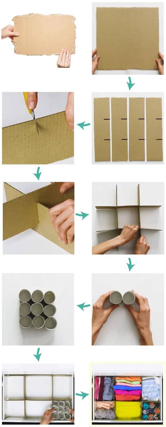 卷纸筒 纸皮的组合,可以 变成抽屉分隔板和袜子收纳盒.