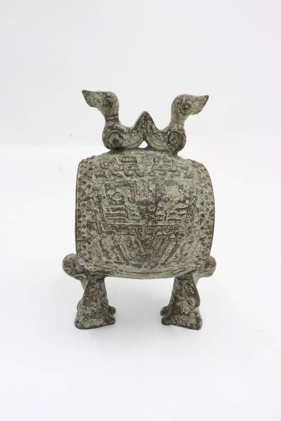 中国古美術 漢代 青銅器 跪人双鳥鼓 古代器 打器 禮器 青銅美術 骨董品