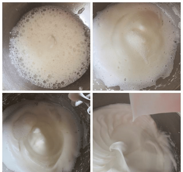 3,(制作蛋白霜)蛋白分三次加糖打发至九分发成蛋白霜.