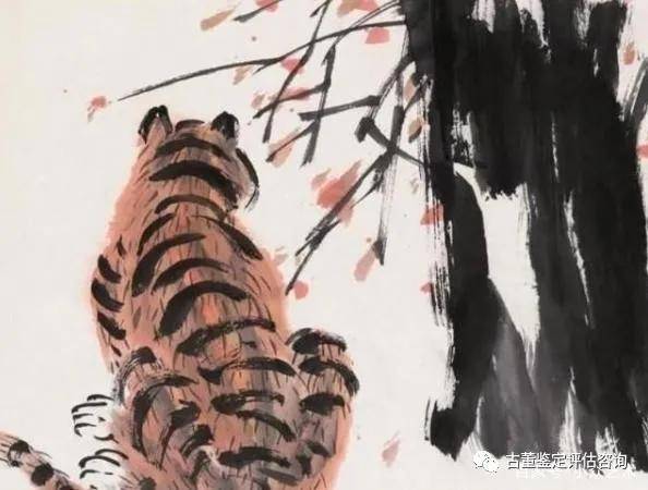 虎的正面,一般也都是看到的背影,因此齐白石老师就避重就轻的将画面只