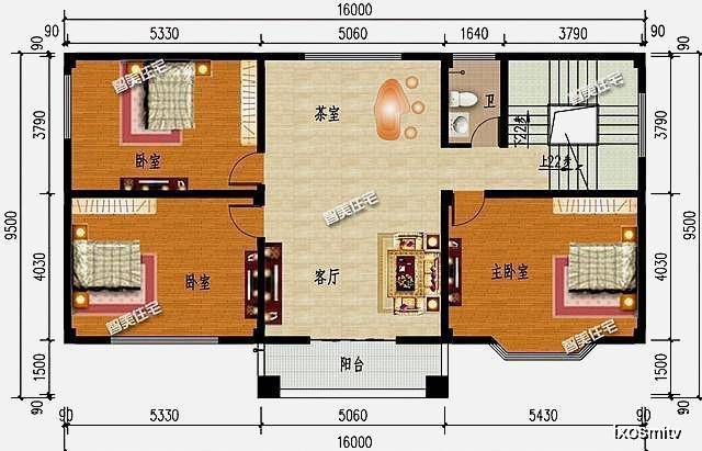 第三栋,16×9.5米小进深的户型,占地面积133.26平,建筑面积479.