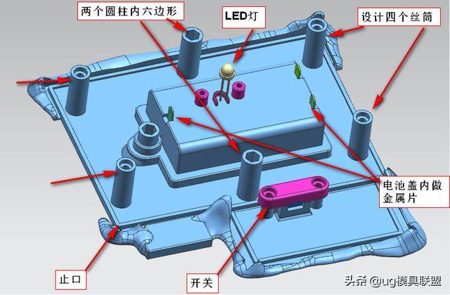 底盖没有与墙壁打螺丝前,就先安装好电池内金属片以及弹簧,开关,LED灯