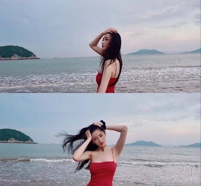曲线|张天爱海边红吊带裙秀香肩曲线玲珑！雪肤娇嫩魔鬼身材