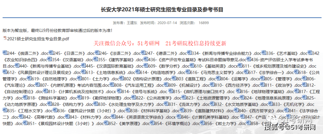 长安大学2021年硕士研究生招生专业目录及参考书目