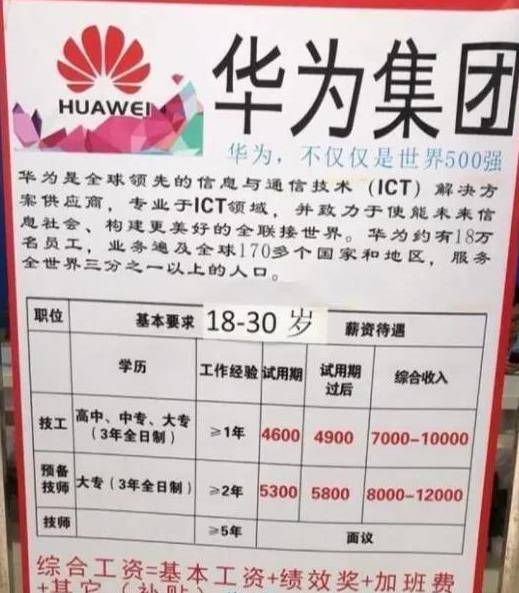 华为人均工资110万,华为普工一个月的工资