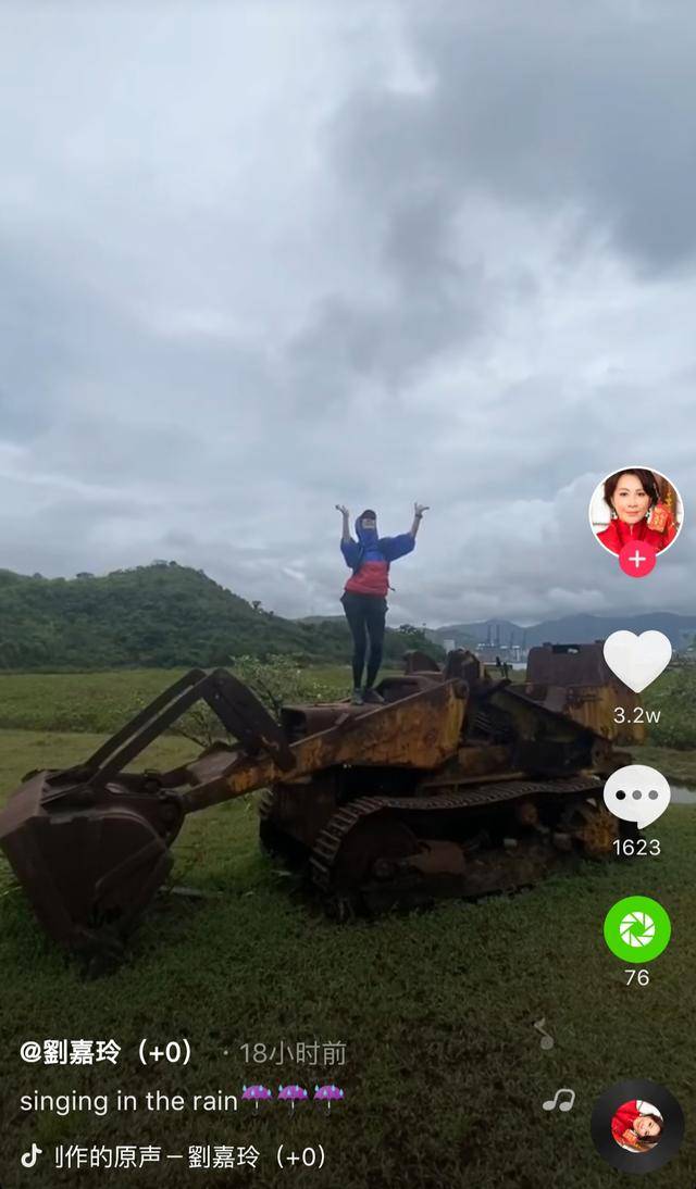 54岁刘嘉玲外出度假，冒大雨站挖掘机上热舞，掌