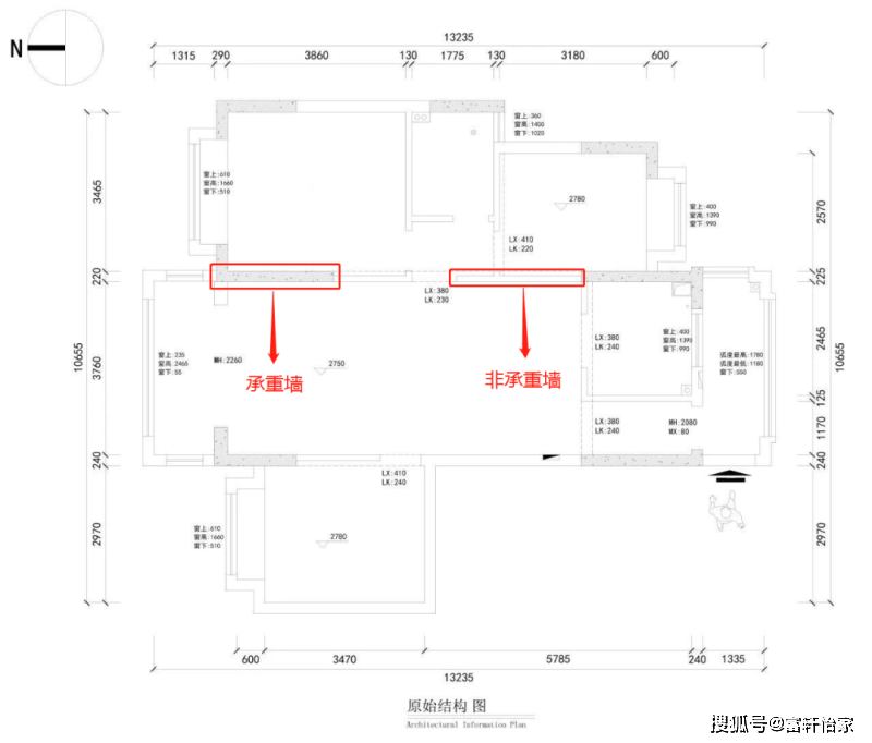 通常,户型图中 颜色最深(多为黑色粗实线)的墙体为承重墙 灰色或浅色