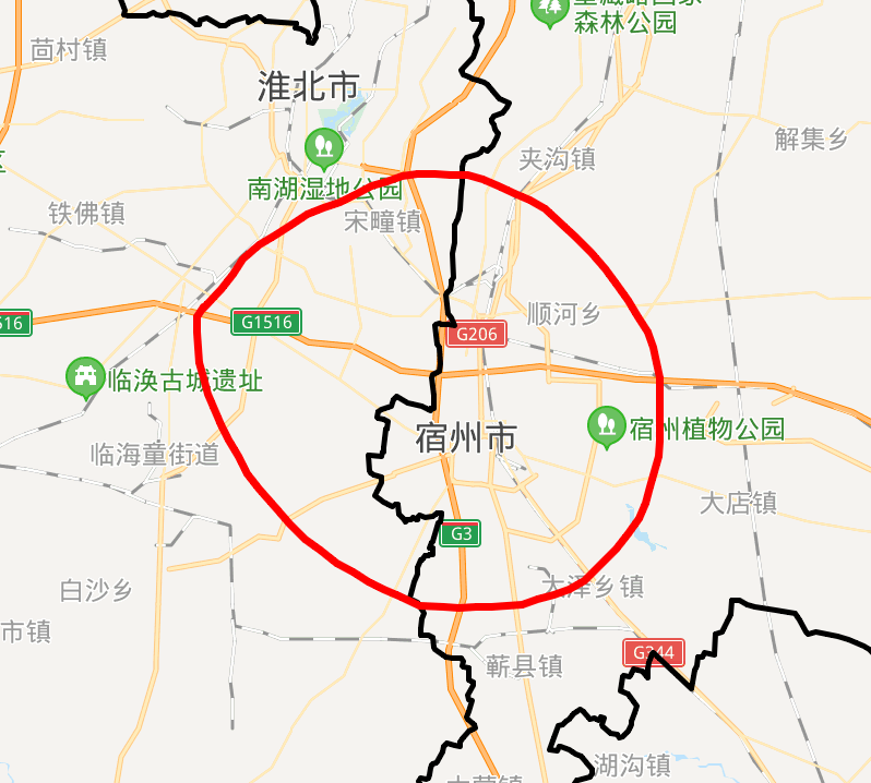 蚌埠方向就需要绕行一段路程,可以在宿州市外围修建一条绕城高速公路