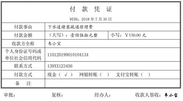 企业就可以自制付款凭证支付,样式如下