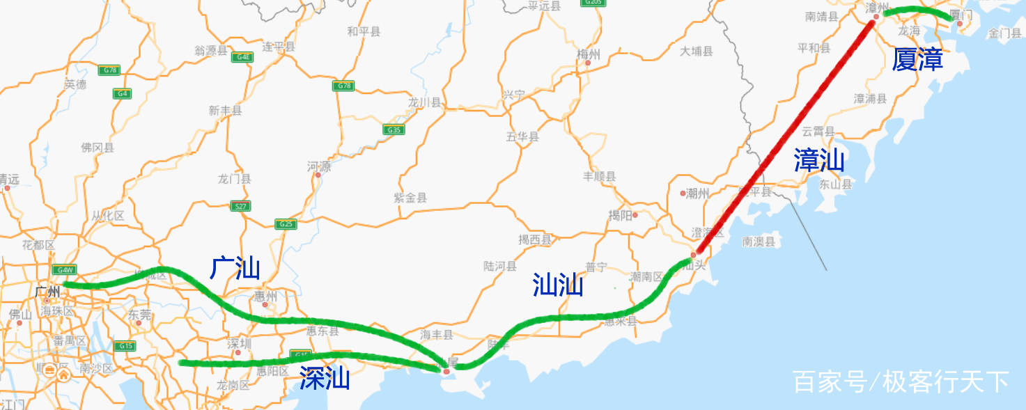 漳汕高铁(上图红色段)假如今年开建,加上5年的工期,那么,再等5年,我们