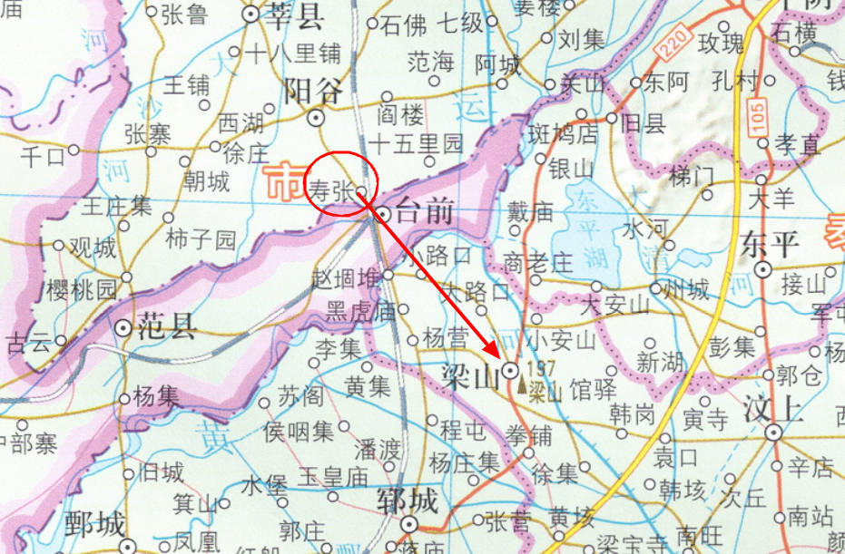 寿张相对于梁山的位置在今天的山东省济宁市梁山县城往北直线距离20多
