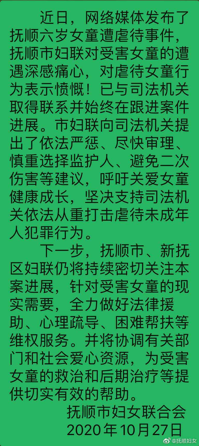 抚顺市妇联就虐童事件发声:积极协助有关部门为遭虐待女童提供支持和