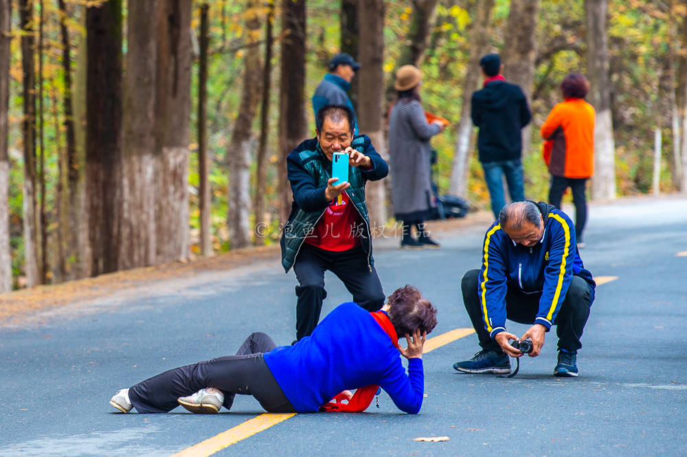 游客扎堆打卡秦岭赏秋网红公路，大妈躺地上“拿命拍照”，为了几个赞值吗？