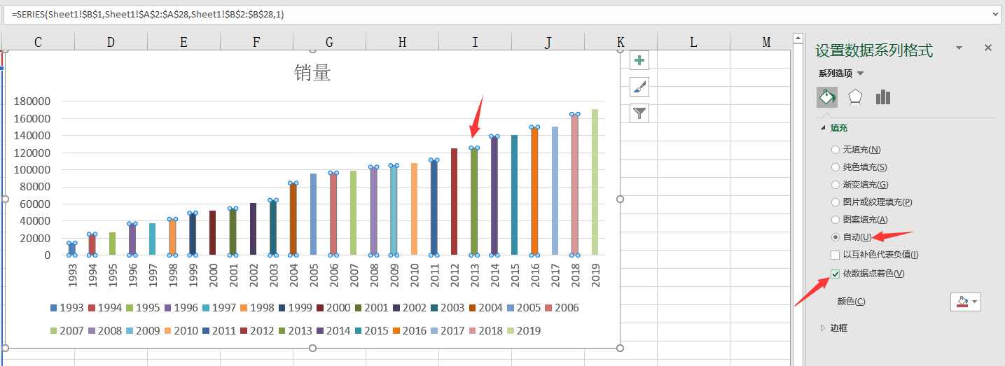 メ メ点击图表柱形图形——设置格式——系列选项——填充——勾选依