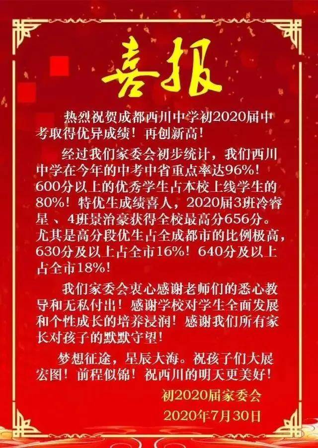 经家委会初步统计,西川中学2020届中考省重点率达96!