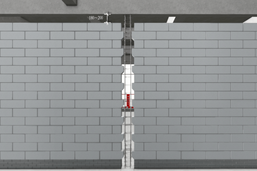 加气块砌筑:构造柱第一道拉结筋放置,两端嵌入墙体长度各为1m.