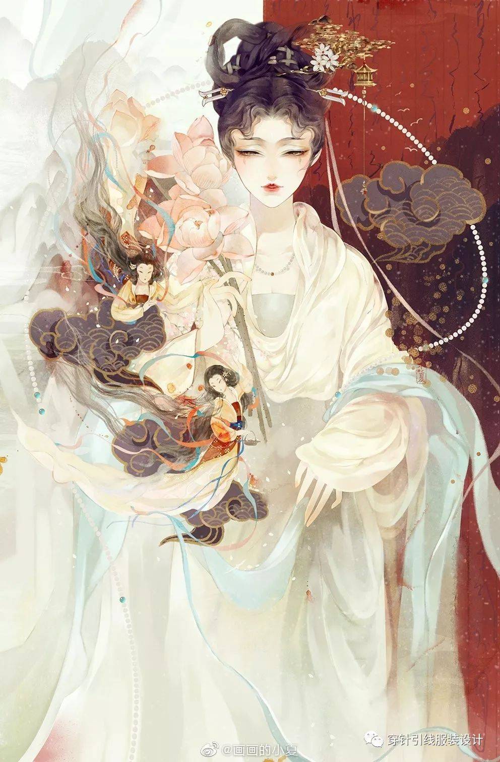 古风版服装设计效果图,亮色点缀,印花图案,极具精致感