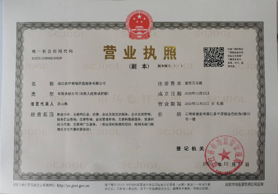 【热烈祝贺】盈江伙伴领域信息服务有限公司获得营业执照