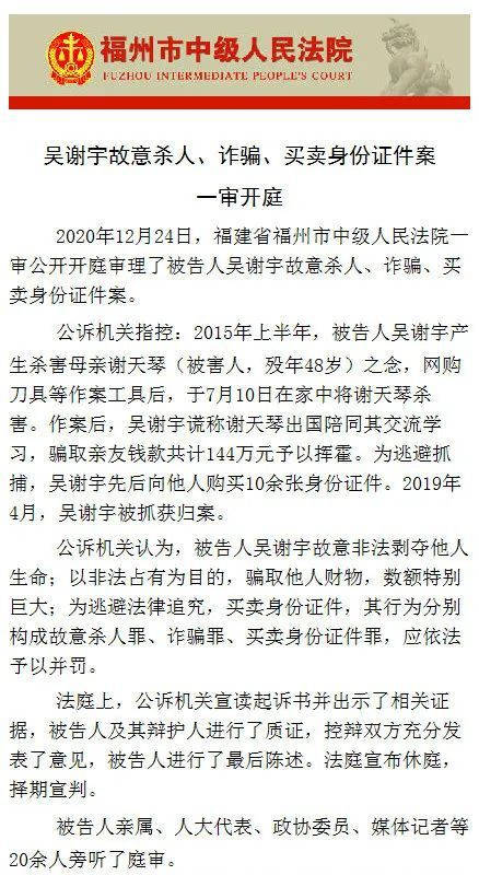 吴谢宇"弑母案"一审开庭 择期宣判!_谢天琴