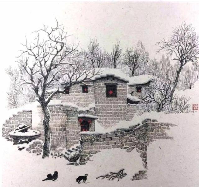 乡村美景,大雪弥漫,钢笔绘画欣赏