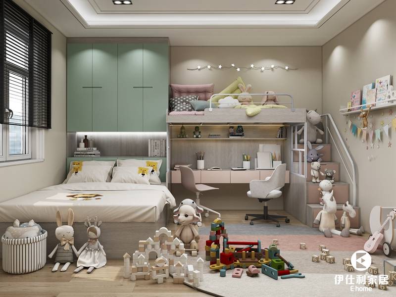 儿童房设计案例四 将天然材质运用到儿童房内,绿色与木色搭配的家具
