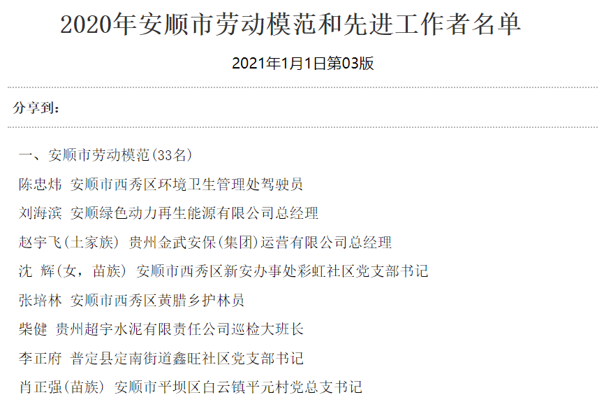 2020年安顺市劳动模范和先进工作者名单