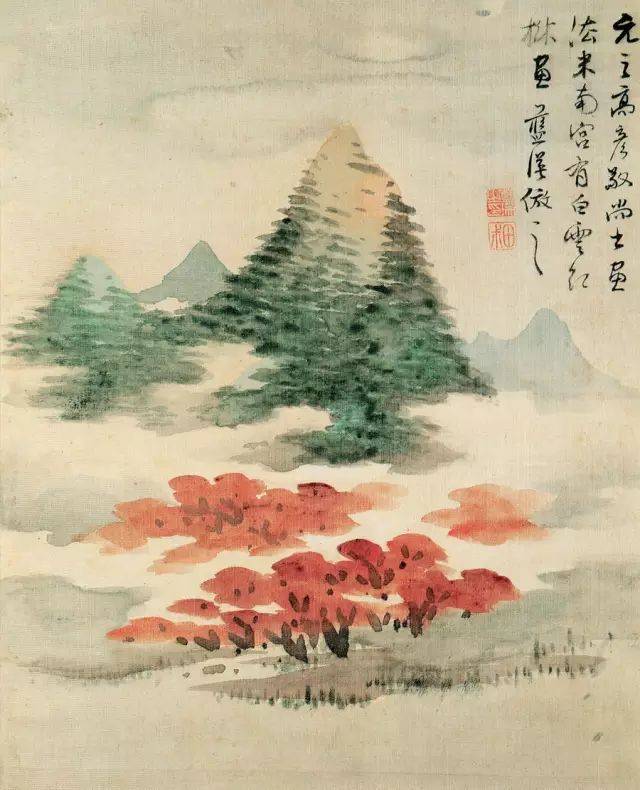 第七幅设色画青山红树,画上题:元之高彦敬尚书画法米南宫,有白云红树