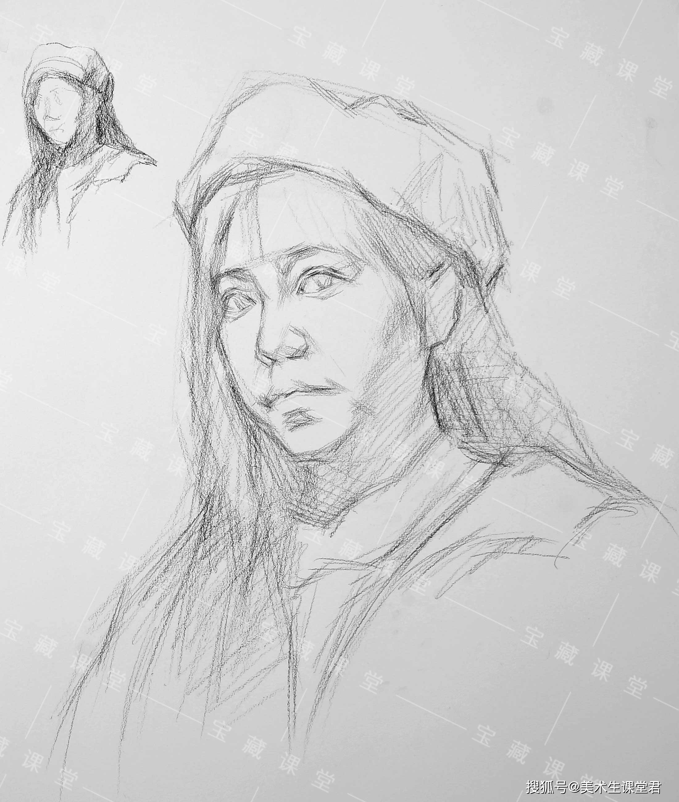 戴帽女青年素描头像训练课程分享附视频宝藏课堂美术网校