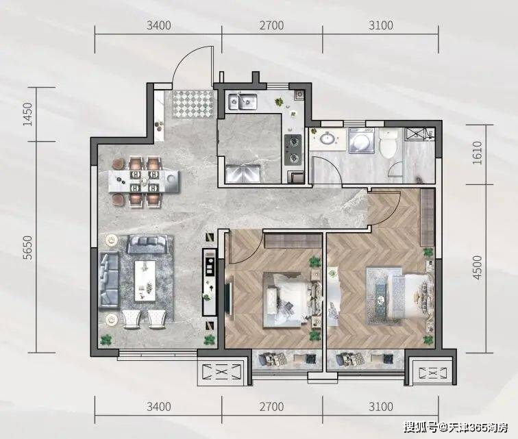 建面约80平米户型为两室两厅一卫设计.