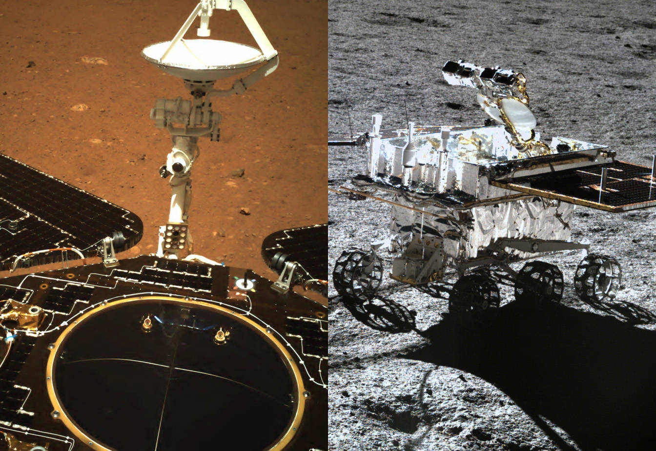 祝融号火星车(左)与玉兔二号月球车(右)