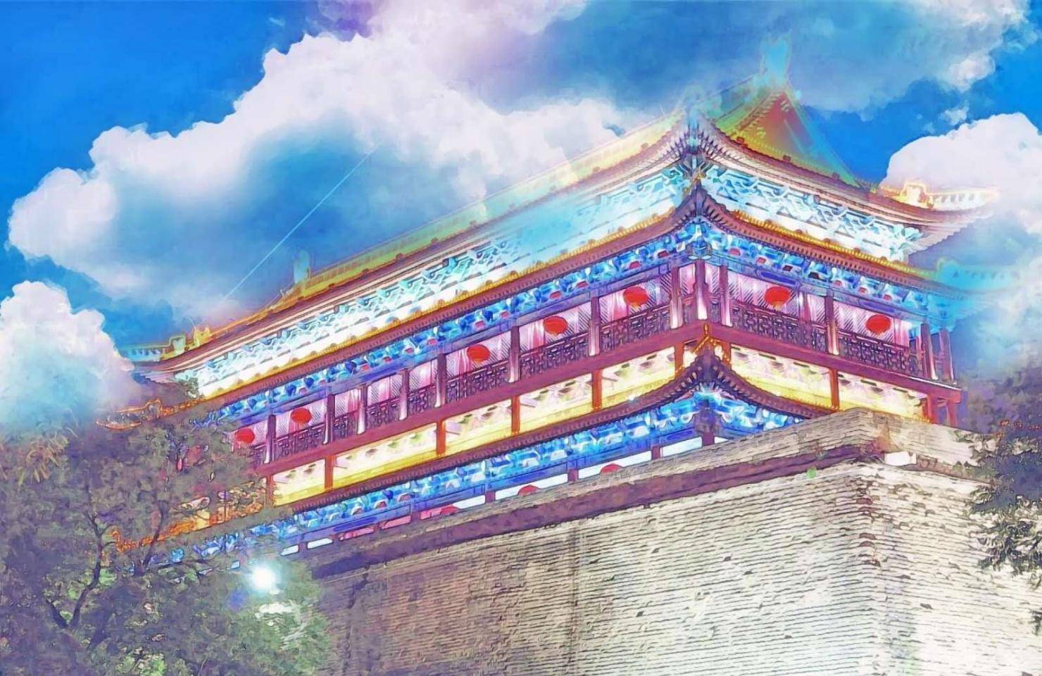 西安古城墙二次元照片走红 夜景照片秒变蓝天白云