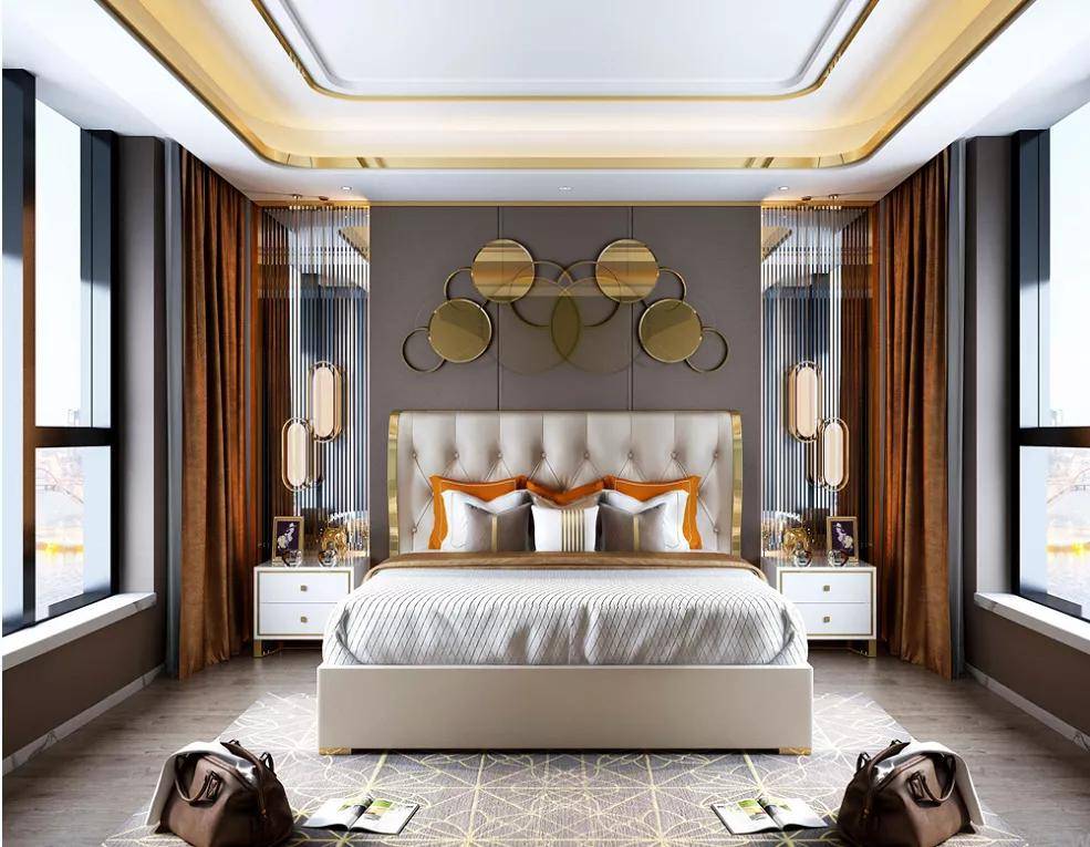 深色床头背景墙流露出一种 高贵典雅的时尚气息,外加现代金属色材质