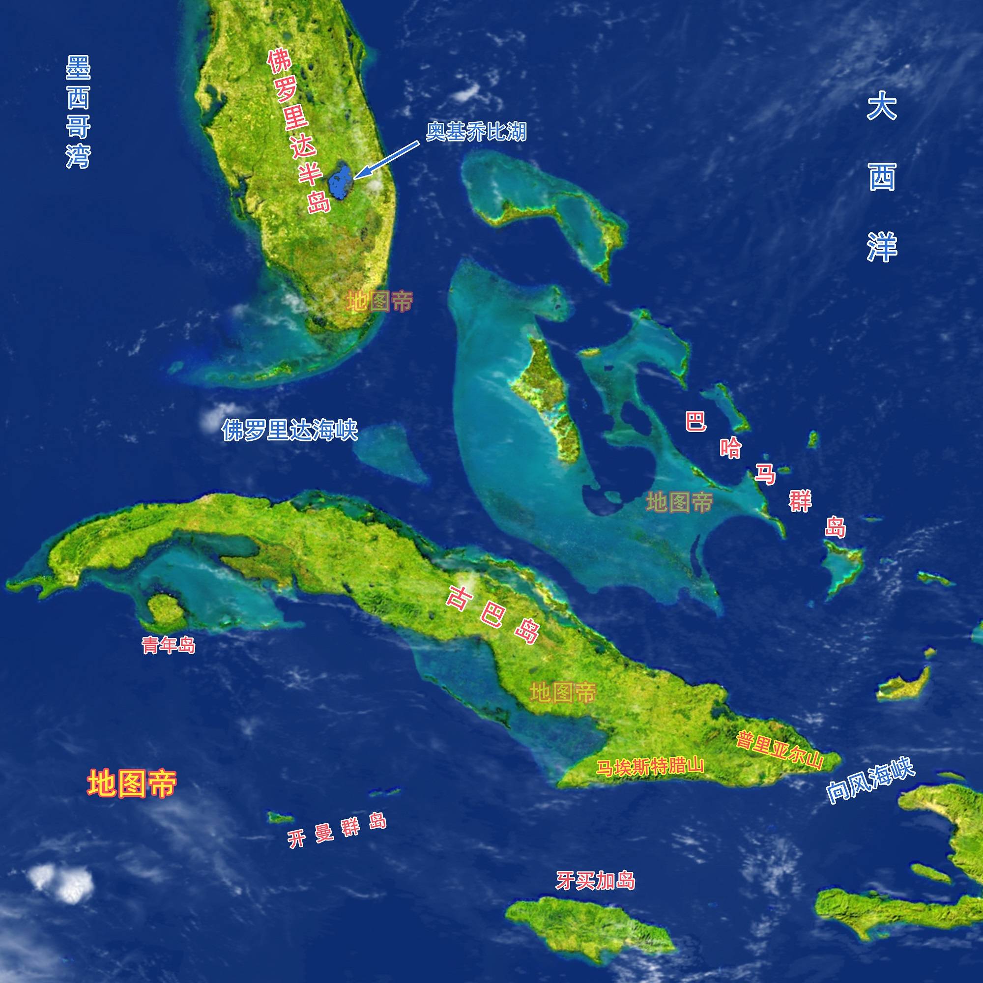 佛罗里达半岛东南方,有一个古巴岛.