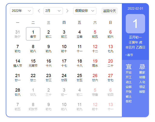 2022年2月1日 星期二 ,壬寅年(虎年)正月初一;农历2022年除夕的日期