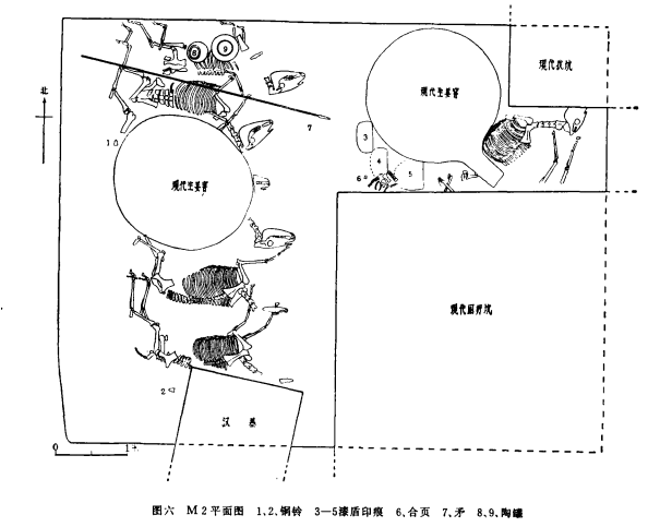 坑内殉葬奴隶,马匹,狗和兵器,车器,陶器等(图六,三)