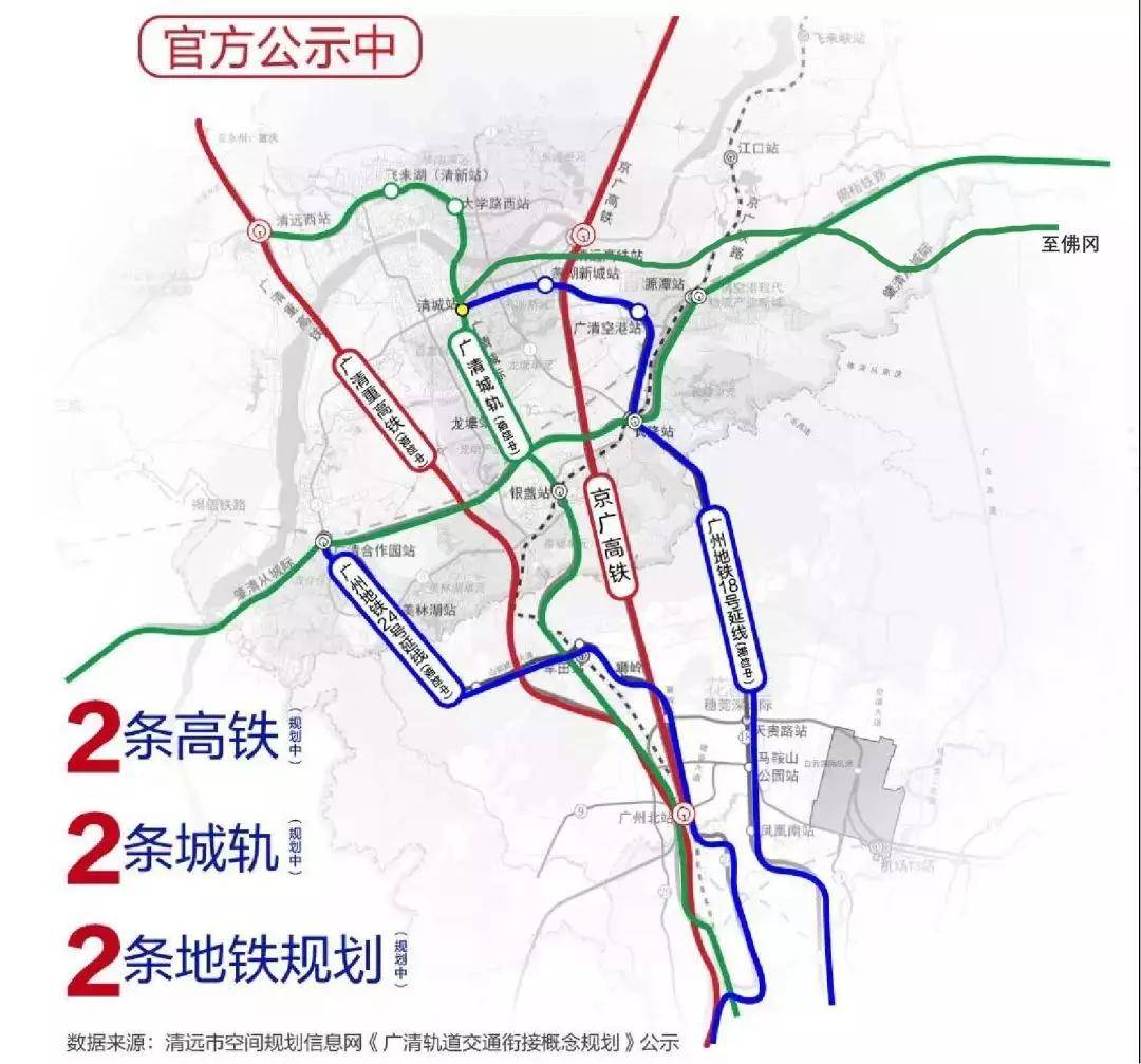 京广铁路),2条城际铁路(广清城际,肇清从城际),2条地铁(广州地铁18号