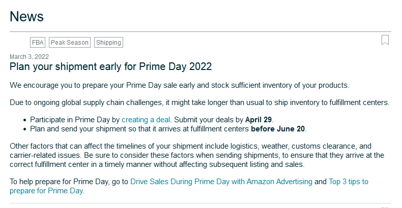 primeday或将于7月举行亚马逊公布2022primeday提报和入仓时间
