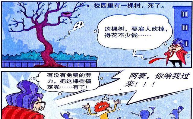 衰漫画：校长抠门伐树有奇招，设下臭豆腐陷阱，不意衰衰实受骗了