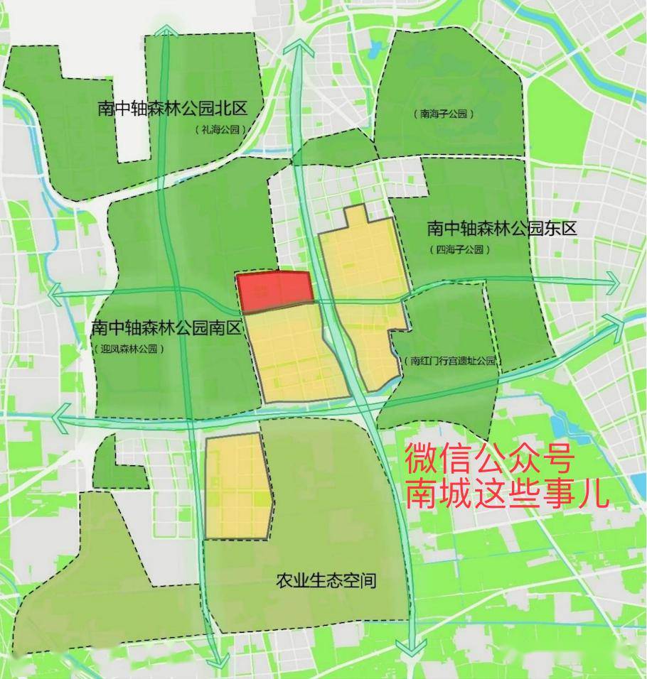 图中可以看出,大兴将建南中轴森林公园,包含三大片区:礼海森林公园