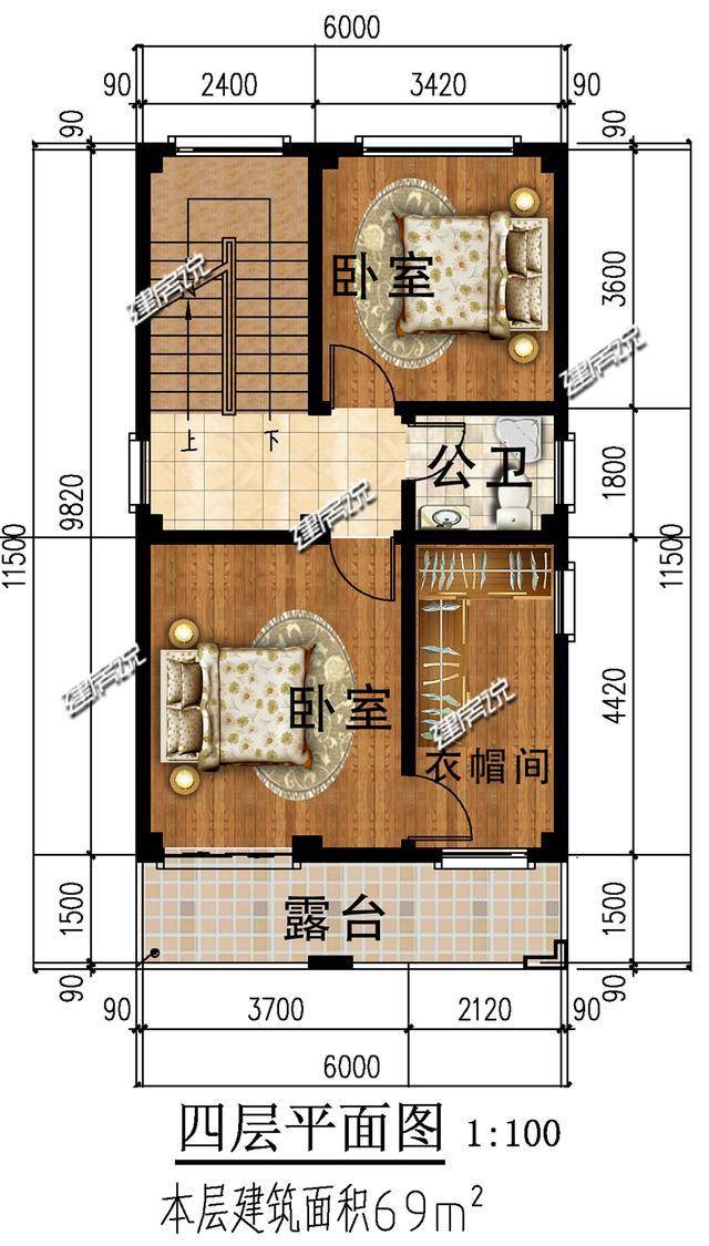 四层:2个卧室,衣帽间,洗手间,阳台