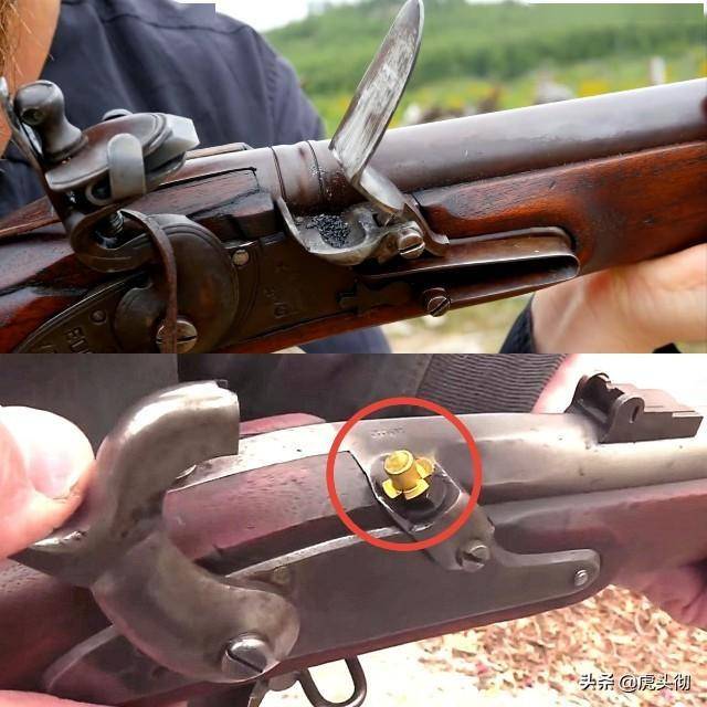 燧发枪机(上)与击发枪机(下)的外部对比 用火帽发火的枪,被称作  击