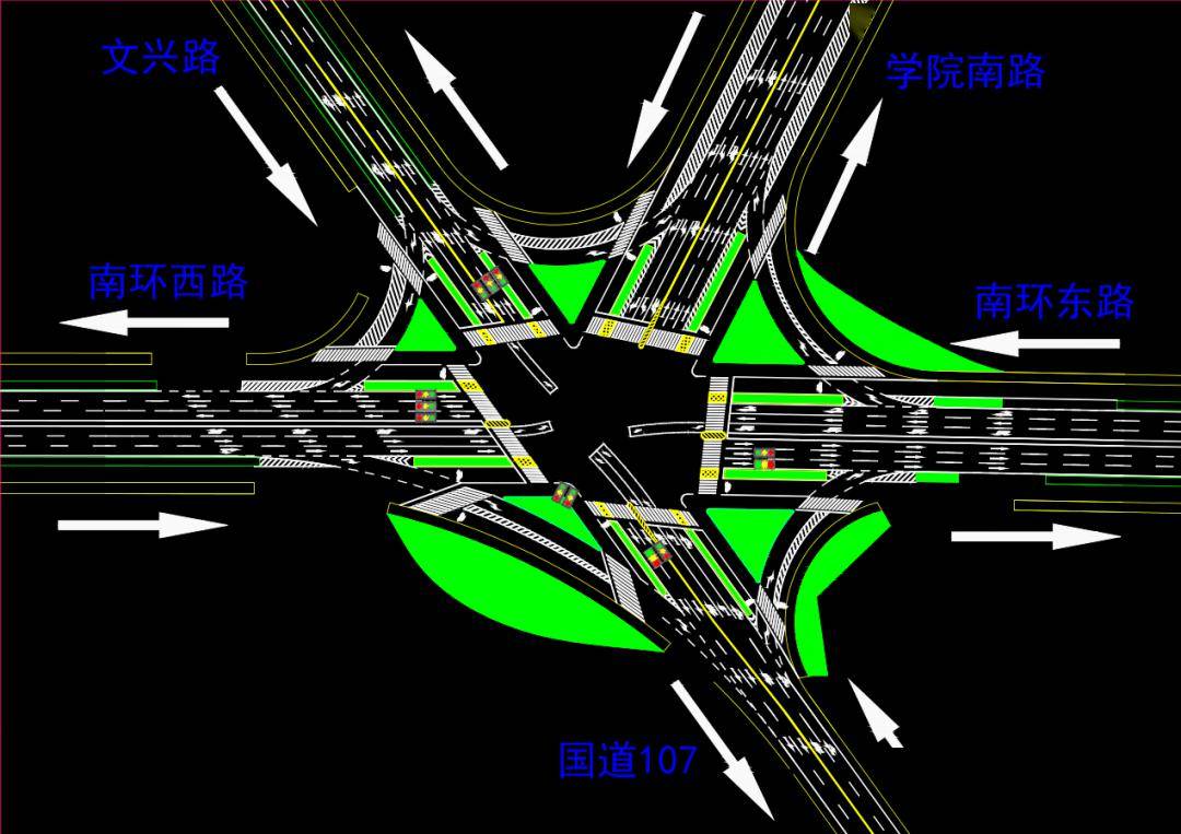 各方向正常通行,所有路口设置红绿灯及标志标线,控制车辆行人按规定