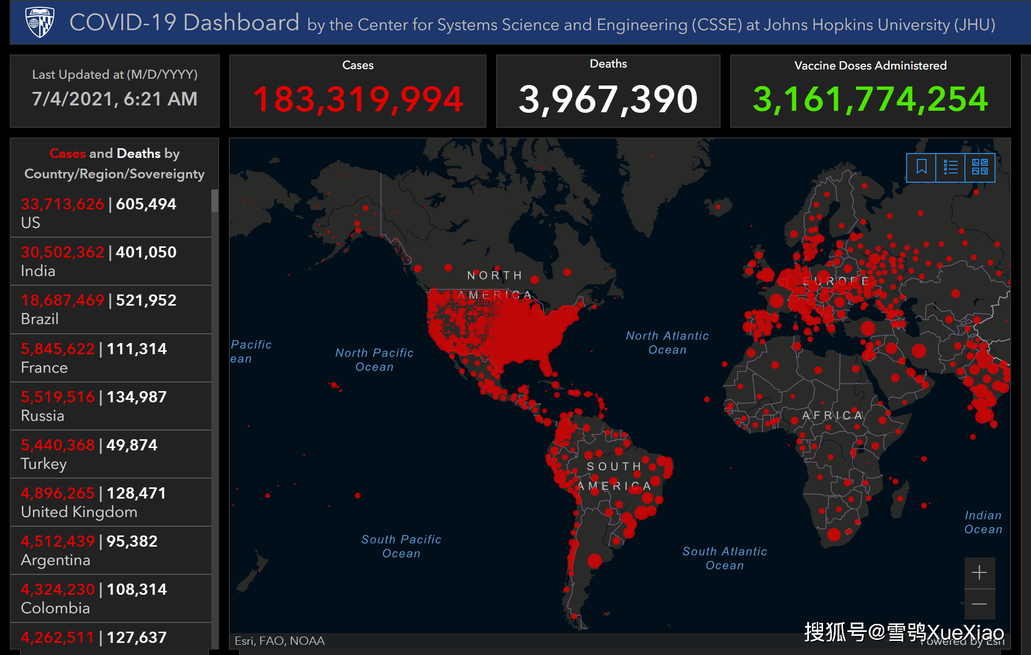 全球新冠疫情速览(约翰斯·霍普金斯大学)2021.7.