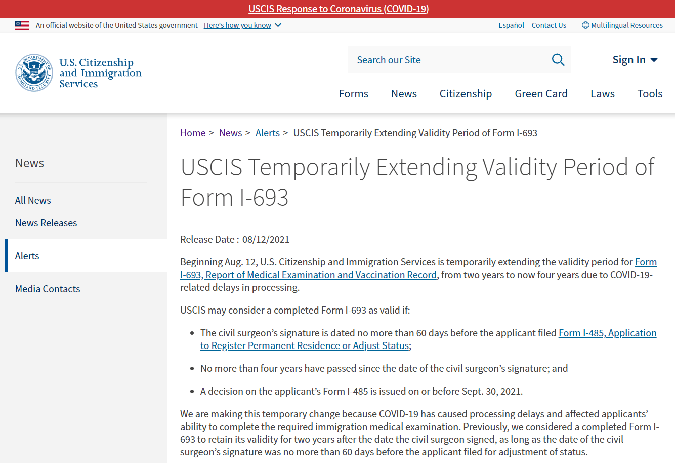 美国移民局暂时延长表格i-693移民体检报告的有效期