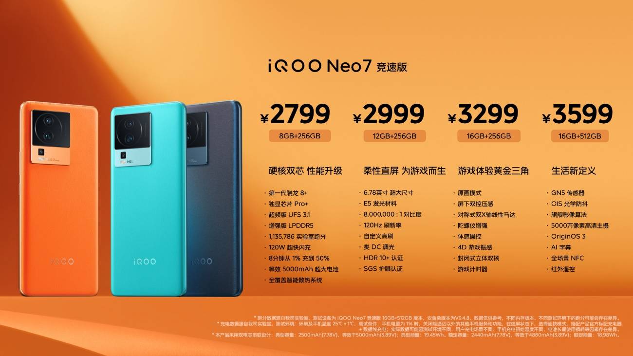 2799元起售，配骁龙8+及独显芯片Pro+，iQOO Neo7 竞速版发布