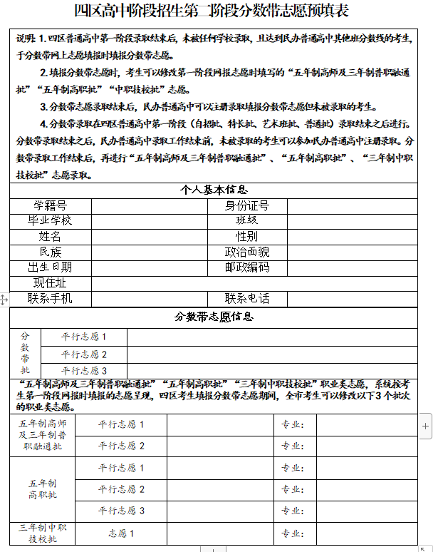 2020青岛高中阶段招生志愿预填表