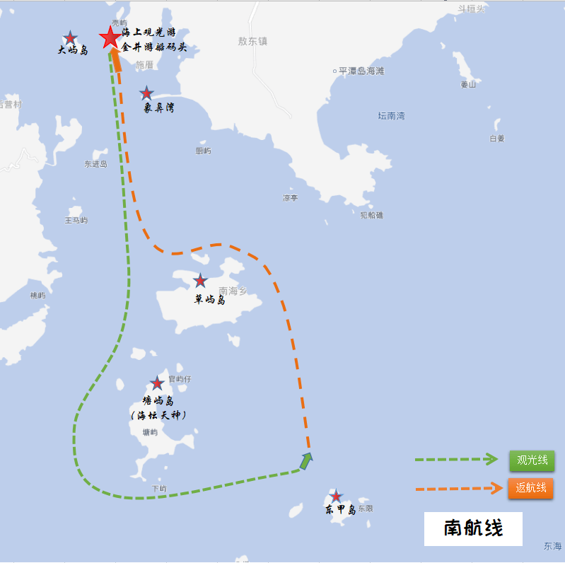 南线为草屿塘屿海上观光游航线,途经大屿岛,象鼻湾,草屿岛,塘屿岛(海