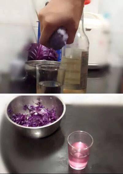 待紫甘蓝出汁后,用纱布滤出紫甘蓝汁液滴入玻璃杯中,会看到白米醋