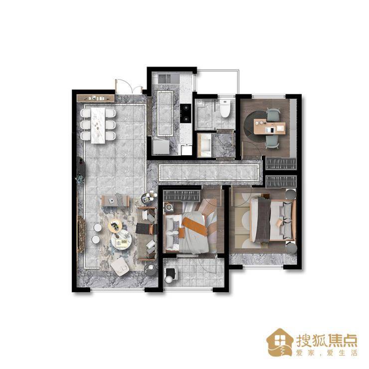 a1户型:建面约107m,三室两厅一卫,客厅朝阳设计,视野开阔,客厅与厨房