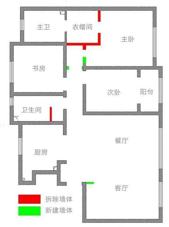 户型拆改图 ◇ 拆除主卧衣帽间以及主卧门的墙体,方便合理规划空间